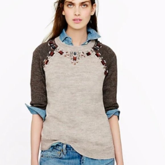 J. Crew Sweaters - J. CREW BROWN OATMEAL EMBELLISHED ALPACA MERINO WOOL CREWNECK SWEATER  L NWT